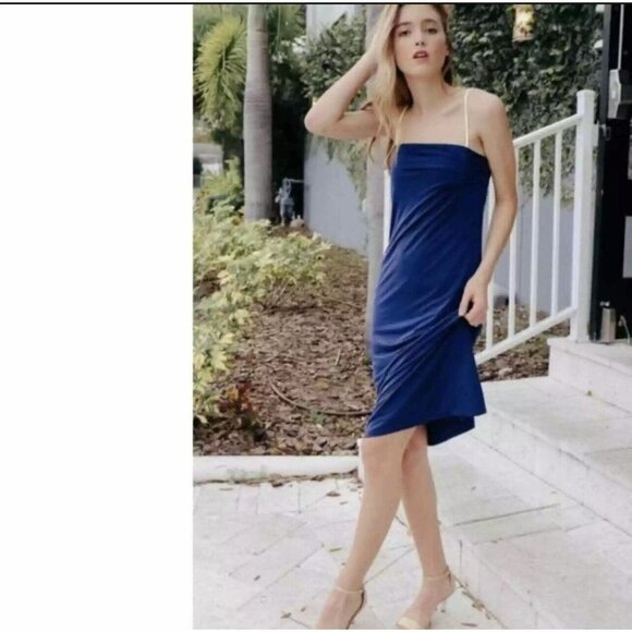 Le Superbe Entourage Midi Dress Strappy Slip Jersey Silky Navy Blue, Size S